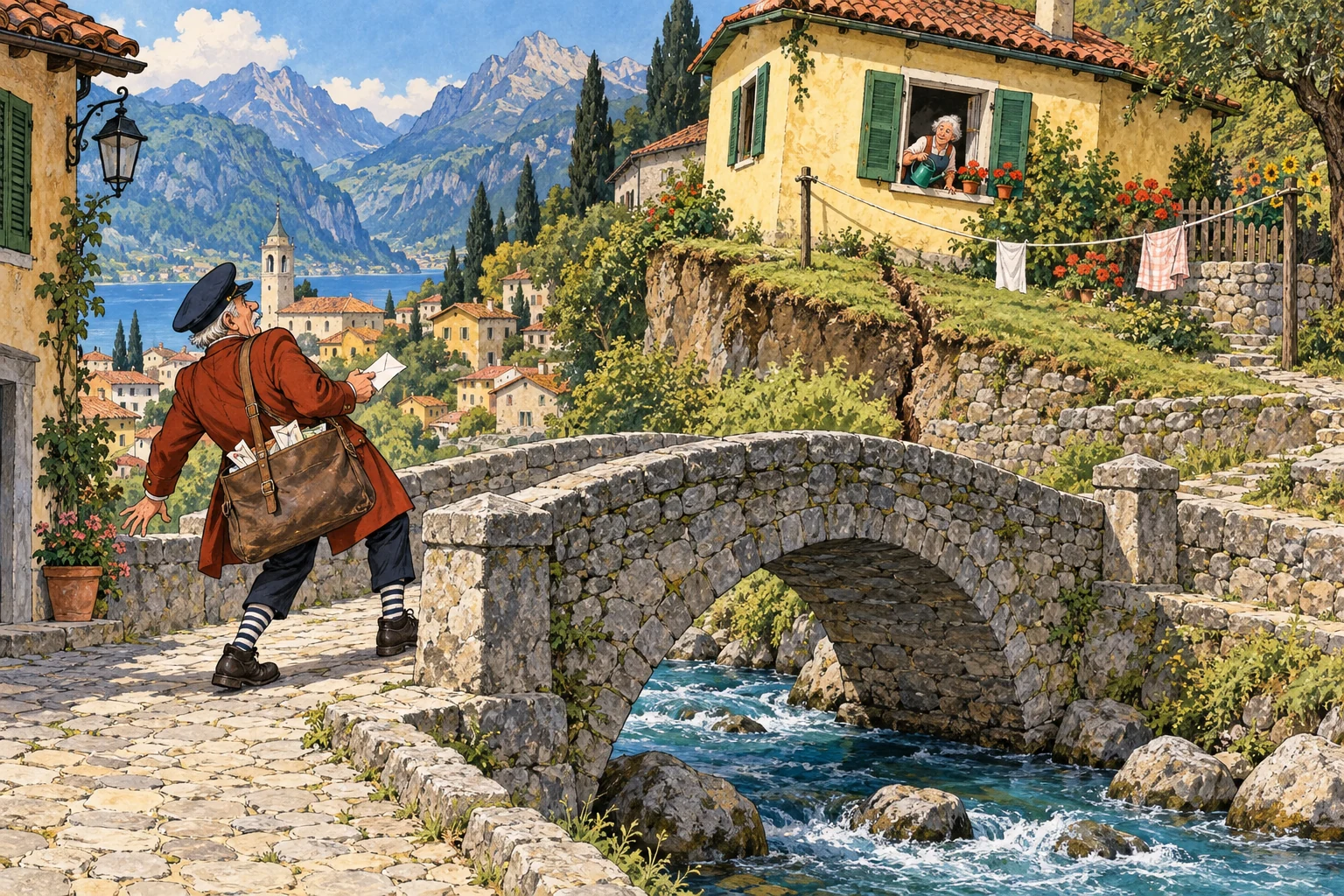 Pell, in a rust-red coat with an enormous letter bag, leans back on the stone footbridge as Mrs Morrow waters her geranium above him.